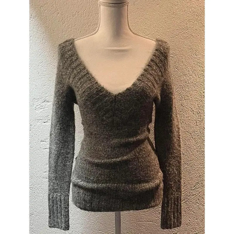 Aiertu Sexy Vintage V-neck Knitted Pullovers Women Early Y2k Grunge Sweaters Mujer Autumn Fashion Long Sleeve Pullovers Slim Aiertu