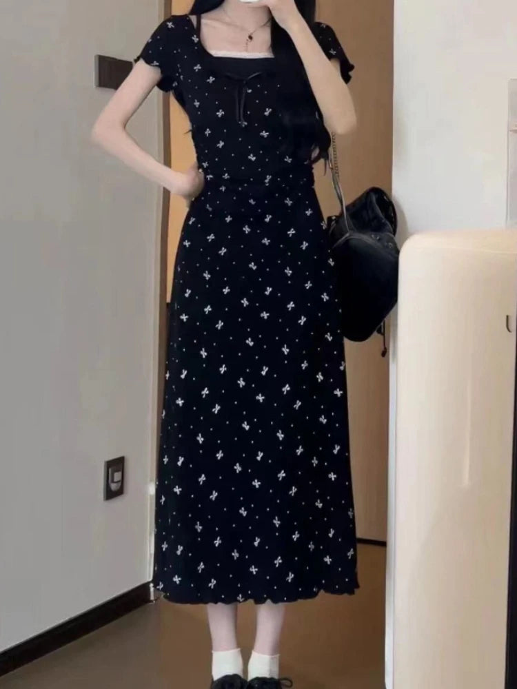 Aiertu Y2k Coquette Sweet Kawaii Bow Print Lace Mini Dress Women 2024 Spring Summer Fashion Japanese Harajuku Short Dresses Aiertu