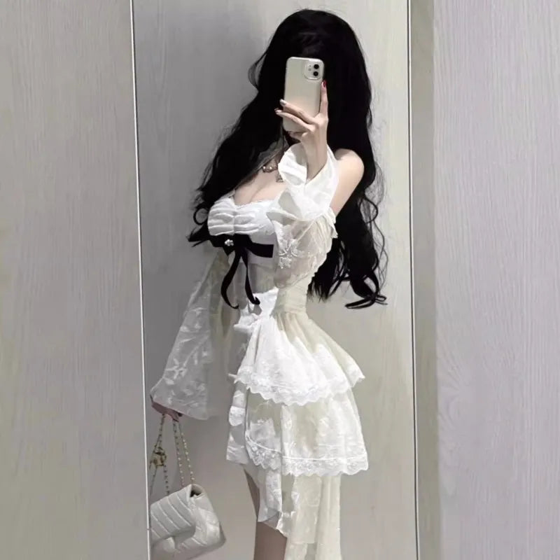 Aiertu DRESS TO IMPRESS Y2K Lace Bodycon Mini Dresses for Women Slash Neck Flare Sleeve A-line Birthday Party Short Train Dress Korean Fashion Vestidos Aiertu