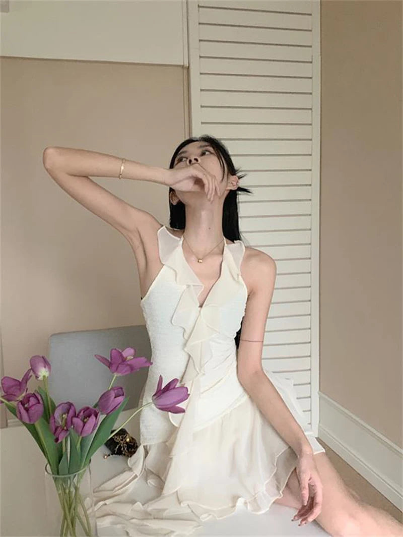 Aiertu French Ruffles Folds Solid Women Dress Fashion High Waist A Line Ladies Mini Dress Summer Sexy Off Shoulder Female Vestidos Aiertu