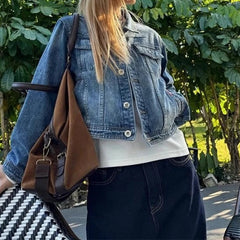 AIERTU  -  Washed Retro Slim Denim Jacket Jacket Women's Lapel Versatile Splicing New Top Aiertu