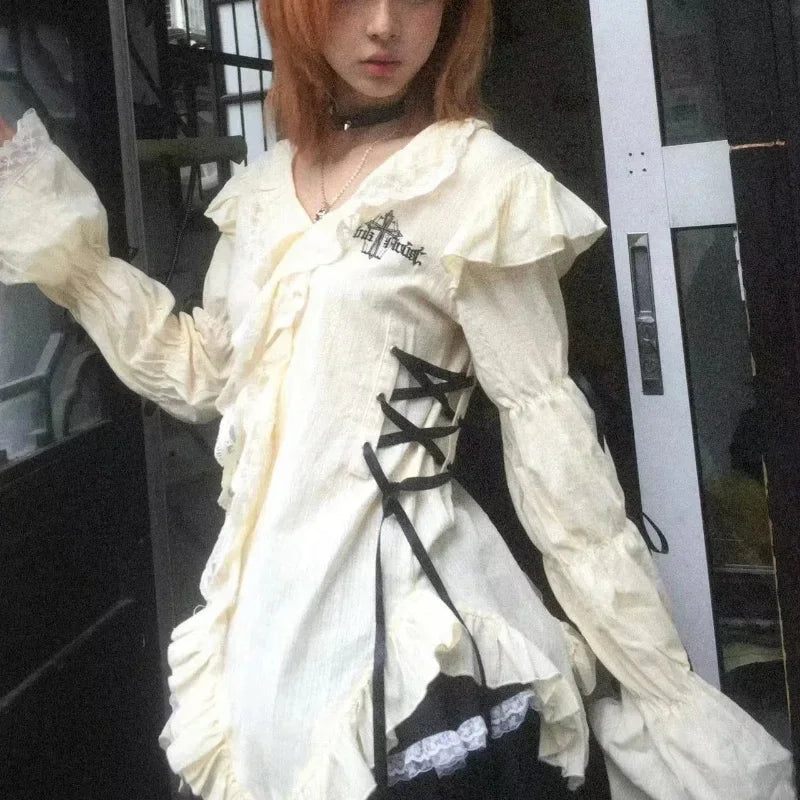 Aiertu Grunge Gothic Mall Goth Harajuku Y2k Aesthetics Lace Shirt Lolita Fairy Bandage Blouses 2024 Fashion Irregular Top Aiertu