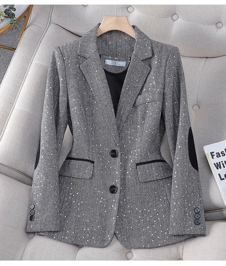 Aiertu 2024 Autumn Retro Gray Splice Plaid Sequins Blazers Coat For Women Brown Elegant Business Vintage Ladies Suit Jacket Fashion Y2k Aiertu