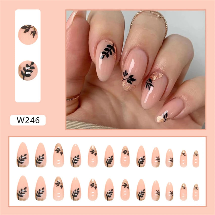 Aiertu 24pcs/Box Ballerina Nail Tip Purple with Design Manicure Patches Fresh Floral Almond False Nails Press on Med Nails Detachable Aiertu