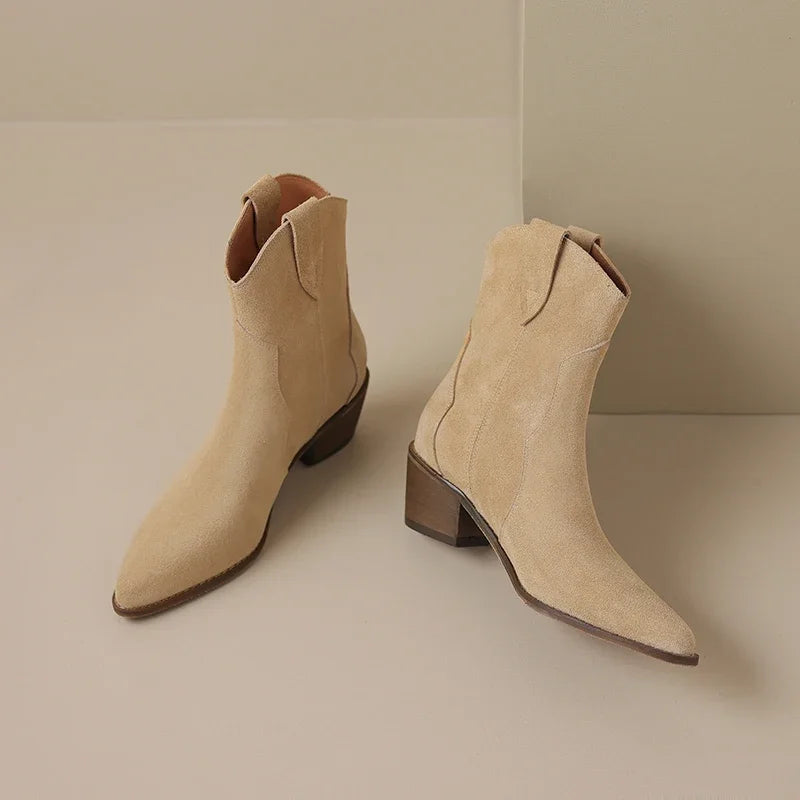 Aiertu Winter Classic Chelsea Boots for Woman Cow Suede Pointy Toe Wedge Heel Ankle Boots Simple Comfortable Cowboy Boots Female Aiertu