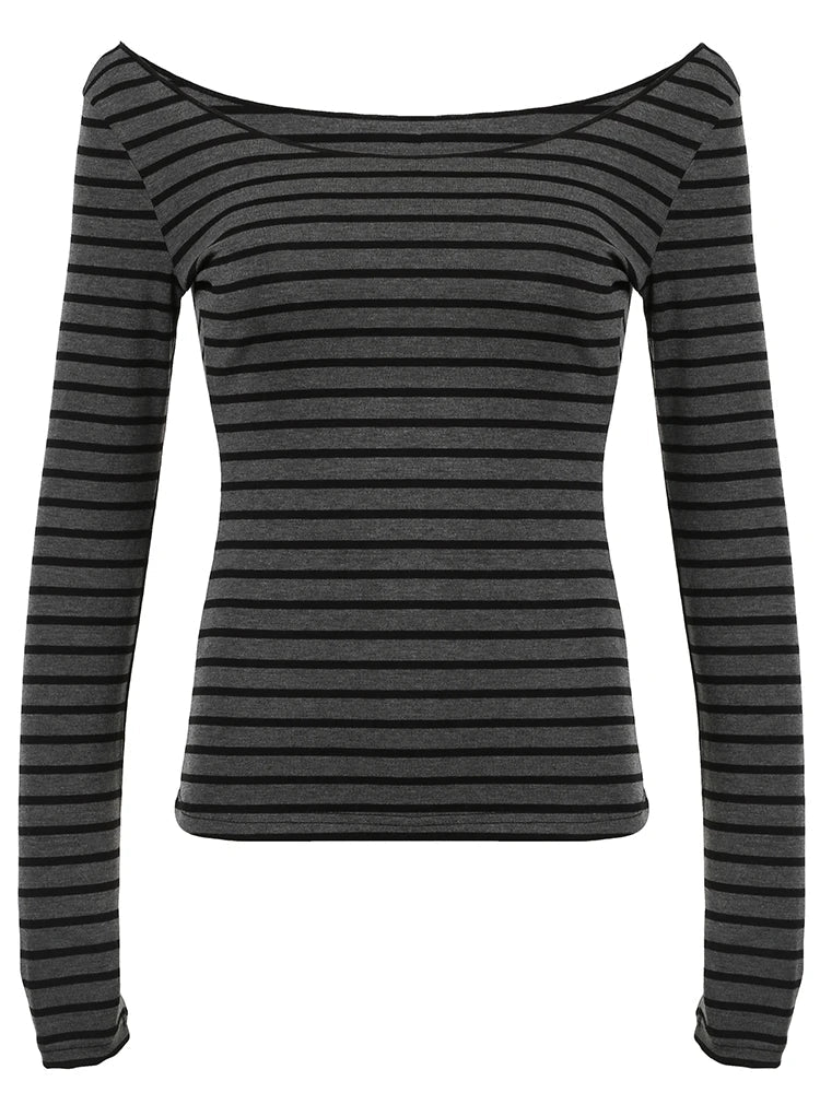 Aiertu Japanese Basic Slim Long Sleeve Stripe Tee Off Shoulder O Neck Korean Street Style Spring Autumn Y2K Gray T Shirt Women Aiertu