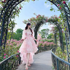 Aiertu Vintage Floral Sweet Midi Dress Women Irregular Elegant Puff Sleeve Fairy Dress Female Autumn Casual Beach Party Dress Chic Aiertu