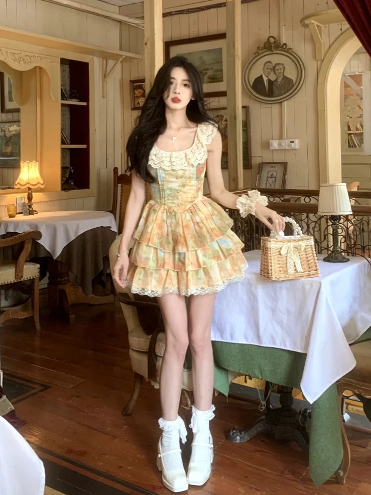 Aiertu Lolita Kawaii Lace Print Dress Women Casual Sweet Y2k Mini Dress Even Party Beach Style Korean Fashion Dress 2000s Aesthetics Aiertu