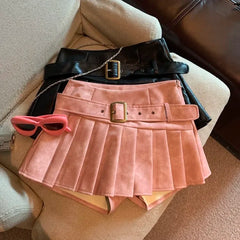 Aiertu  New Winter Women’s Sexy 90S PU Faux Leather Skirt Short Skinny High With Belt Short Mini Pleated Skirt With Shorts Y2K Aiertu