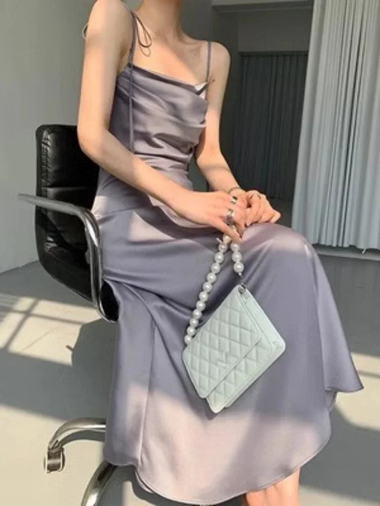 Aiertu Purple Satin Slip Midi Dress Women Vintage Korean Fashion Lace-up Spaghetti Strap Elegant Party Dresses 2024 Summer Aiertu