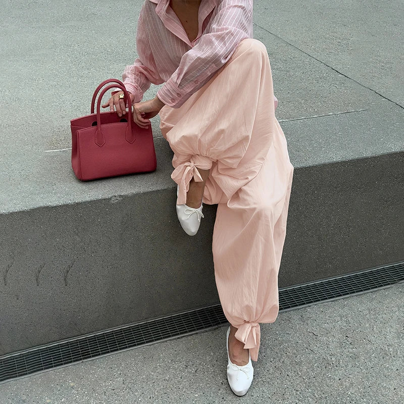 AIERTU  -  Summer Spring Strapped Lantern Pants High Waist Elastic Loose Sweet Girl's Party Long Ruched Pink Trousers Clubwear Aiertu