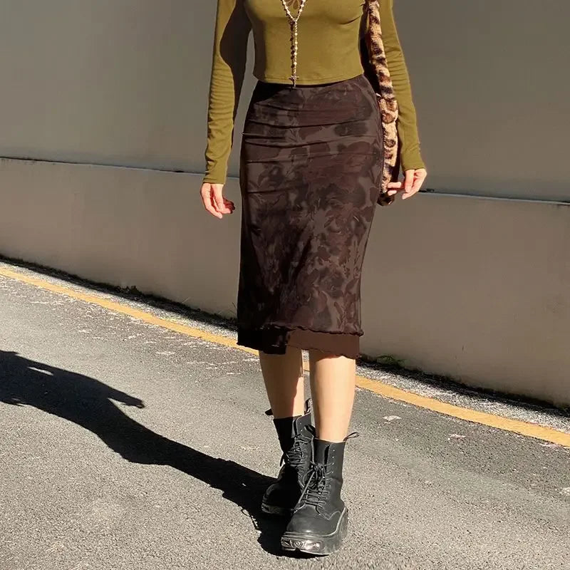Aiertu Harajuku Vintage Long Skirts Women Floral Print Gothic Retro Skirts Grunge Aesthetic Streetwear Punk A Line Midi Skirt Aiertu