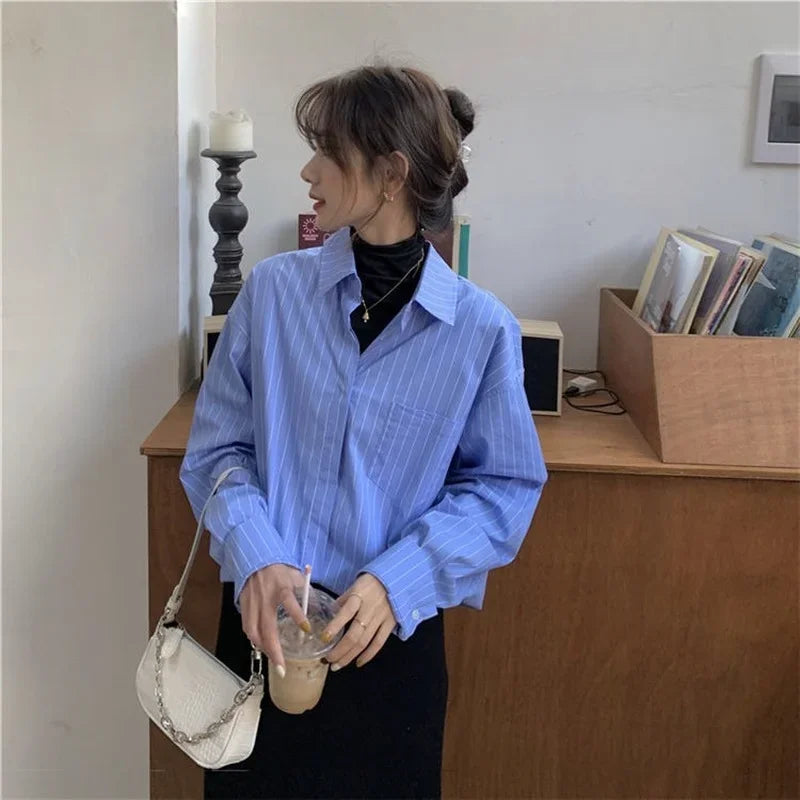 Aiertu Shirts Women Blue Striped Loose Harajuku Long Sleeve Casual Spring Tops Students All-match Fashion Simple Korean Ulzzang Chic BF aiertu