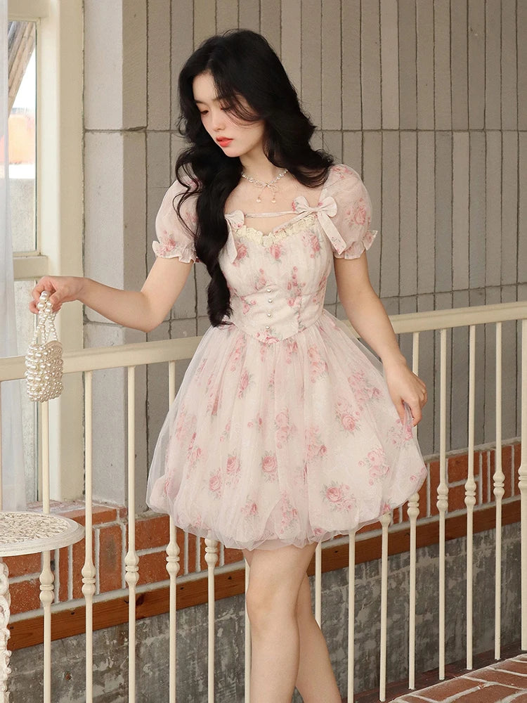 Aiertu Floral Sweet Fairy Bodycon Dresses for Women Elegant Party Print French Female Korean Fashion Cute Mini Dress Summer Pink Aiertu