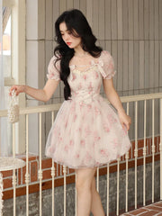 Aiertu Floral Sweet Fairy Bodycon Dresses for Women Elegant Party Print French Female Korean Fashion Cute Mini Dress Summer Pink Aiertu