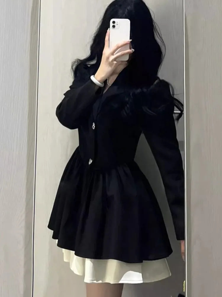 Aiertu Women's Black Patchwork Suit Dress Notched V-Neck Long Sleeve A-Line High Waist Autumn Elegant Office Lady Puffy Mujer Dress New Aiertu