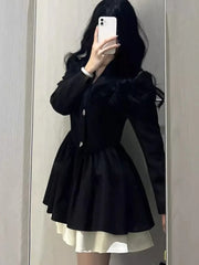 Aiertu Women's Black Patchwork Suit Dress Notched V-Neck Long Sleeve A-Line High Waist Autumn Elegant Office Lady Puffy Mujer Dress New Aiertu