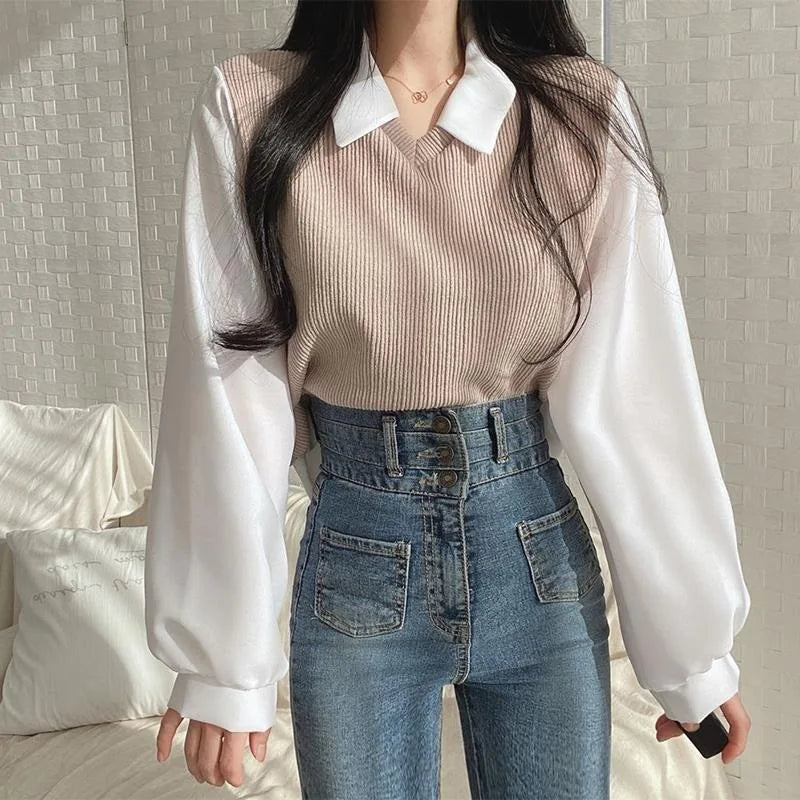Aiertu Thread of Screw False Two-piece Polo Collar Sweatshirts Women Korean Patch Fashion Loose Female Pullovers Autumn Winter Y2k Tops Aiertu
