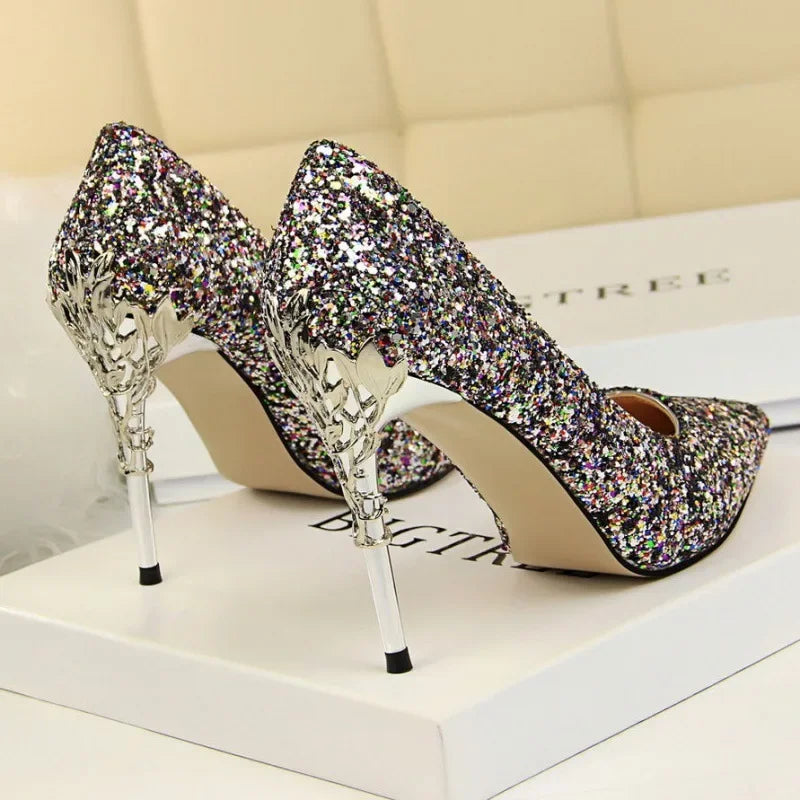 Aiertu 2024 Spring Summer New Crystal Sequins Bride Shoes High Heels Women's Fine Heel Versatile Pointed Toe Gown Single Shoes Aiertu