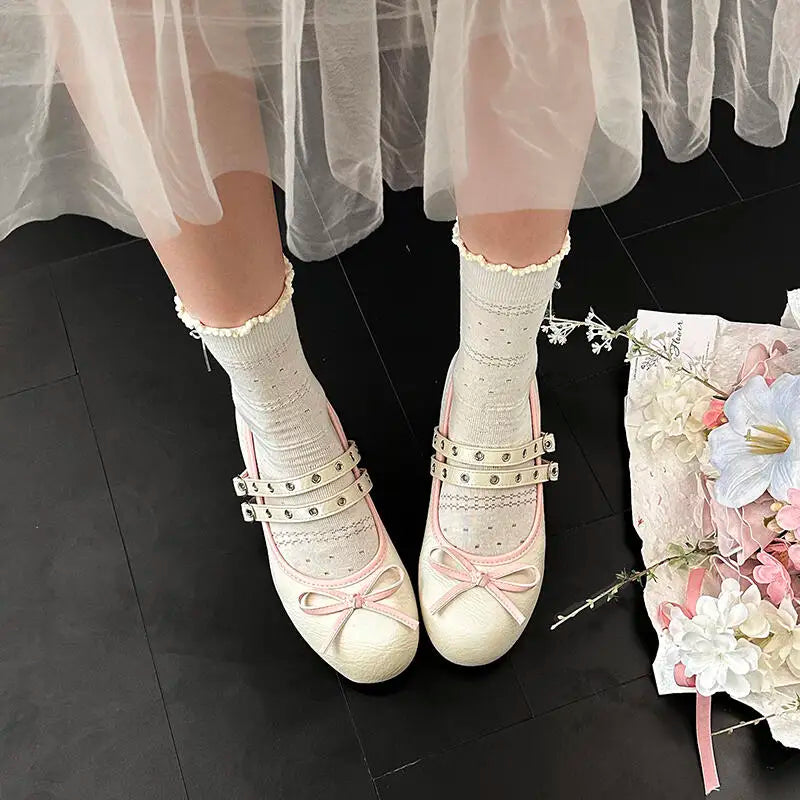 AIERTU  -  Pink Floral Pattern Low Heel Mary Jane Shoes Women Summer Comfort Silver Bowknot Ballet Flats Woman's Lolita Shoes Aiertu