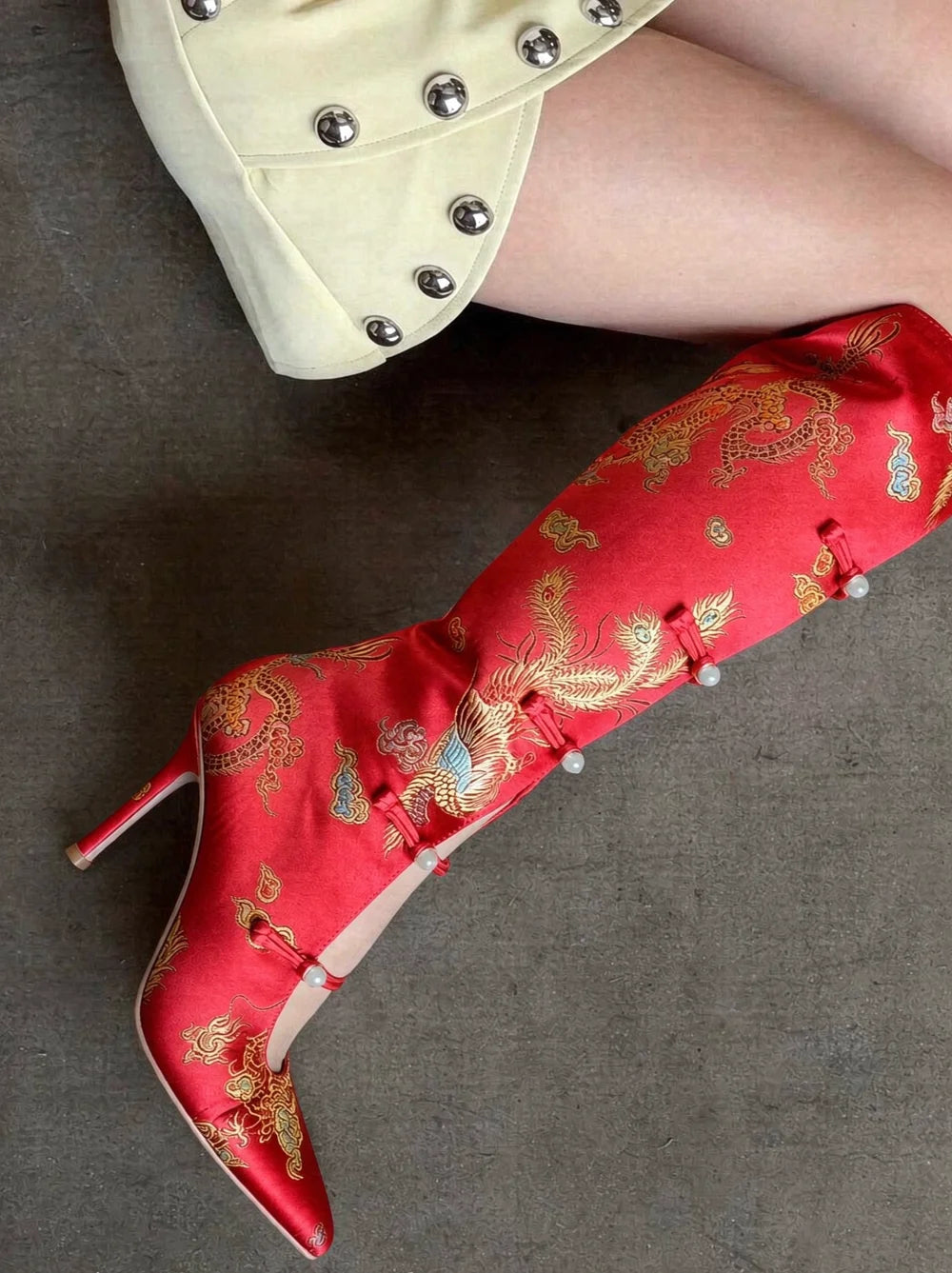 AIERTU  -  Retro Chinese Style Satin Pointed-Toe Knee Boots Brocade Embroidery Stiletto Heels Cutouts Design Unique Footwear Aiertu