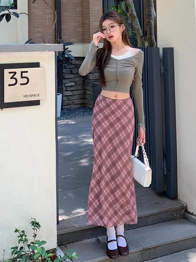 Aiertu Autumn Women Vintage Pink Mesh Plaid A-line Half Long Skirts Elastic High Waist Party Bodycon Wrapped Hip Skirt Female Chic Aiertu