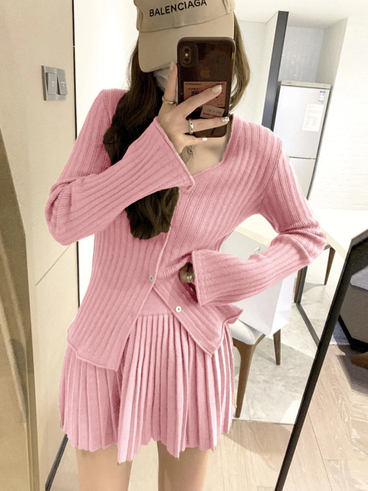 Aiertu New Fashion Casual Single Breasted Knitted Two Piece Set Women Sweater Cardigan Coat + Pleats Skirt Sets Vintage 2 Piece Suits Aiertu