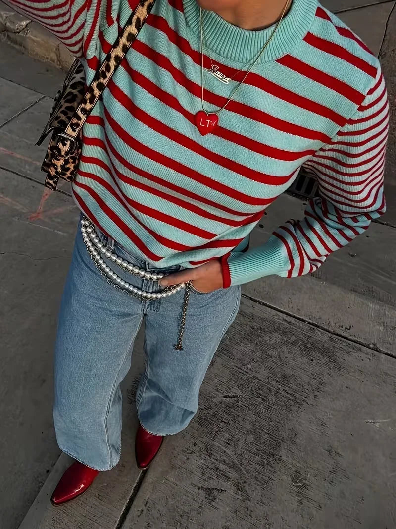 AIERTU  - Women Striped Knit Sweater Mint Green Red Crew Neck Long Sleeve Contrast Trim Casual Pullover Jumper Top Aiertu