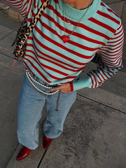 AIERTU  - Women Striped Knit Sweater Mint Green Red Crew Neck Long Sleeve Contrast Trim Casual Pullover Jumper Top Aiertu