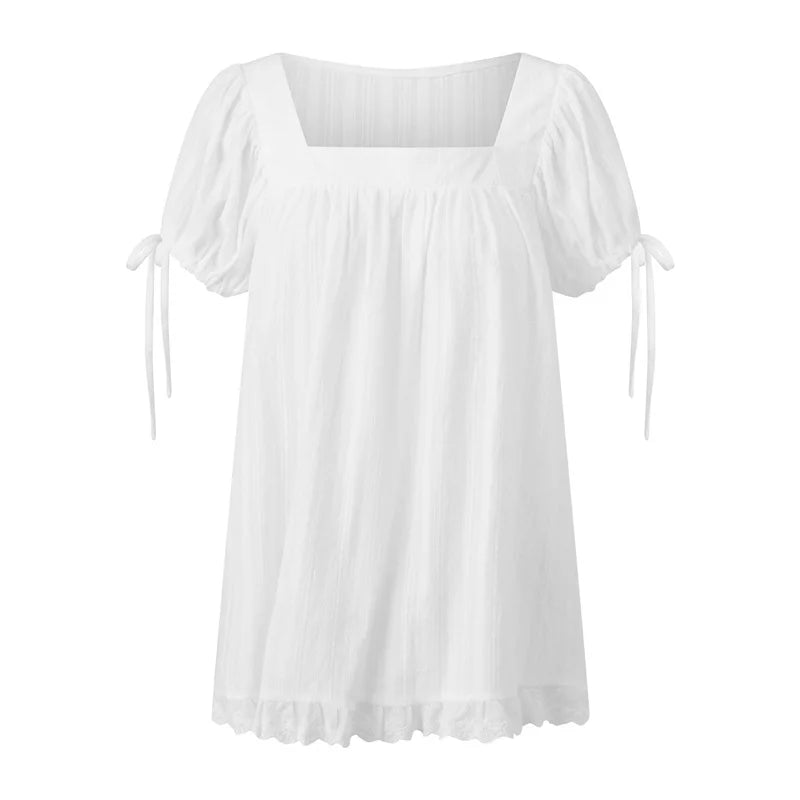AIERTU  -  Women's Square Neck Puff Sleeve Blouse Loose Fit Ruffle Hem Lace Trim Babydoll Top for Casual Summer Beach and Vacation Outfits Aiertu