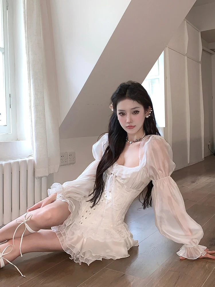 White French Elegant Evening Party Dress Women Casual Sexy Lace Puffed Sleeve Short Robe Summer Korean Y2k Sweet Mini Dress Chic Aiertu