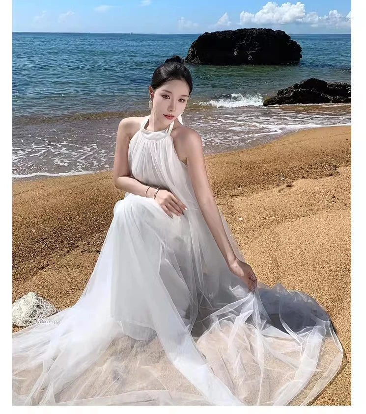 Aiertu French White Loose Halter Bandage Pleated Long Dresses Women Sexy Club Backless Sleeveless Elegant Evening Party Mesh Dress Robe Aiertu