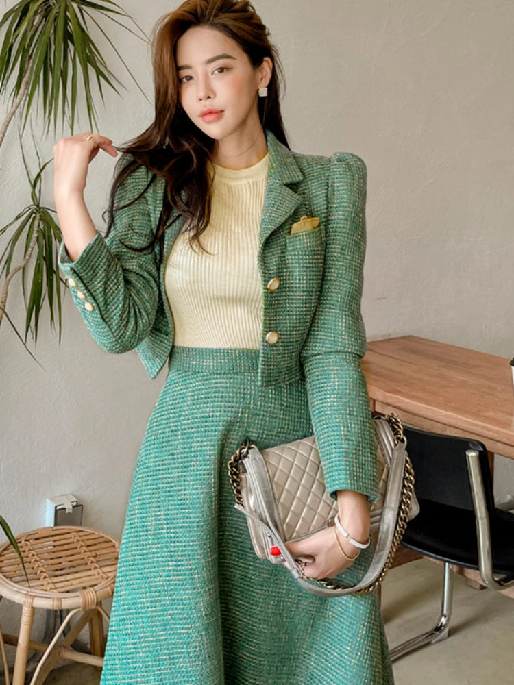 Aiertu Women Two piece Set Korean Chic French Temperament V-neck Pearl Button Puff Sleeve Short Jacket + High Waist Swing Skirt Suits Aiertu