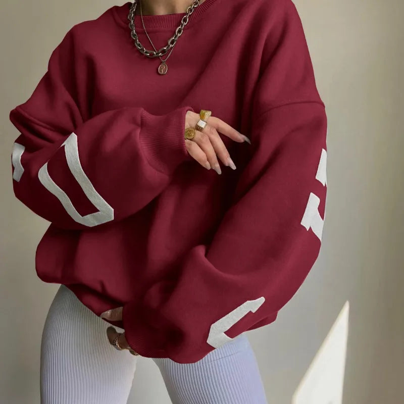 Aiertu Autumn and Winter Women's Pullover Round Neck Loose Letter Print Screw Thread Long Sleeve Underlay Fashion Casual Commuter Tops Aiertu