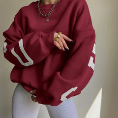 Aiertu Autumn and Winter Women's Pullover Round Neck Loose Letter Print Screw Thread Long Sleeve Underlay Fashion Casual Commuter Tops Aiertu