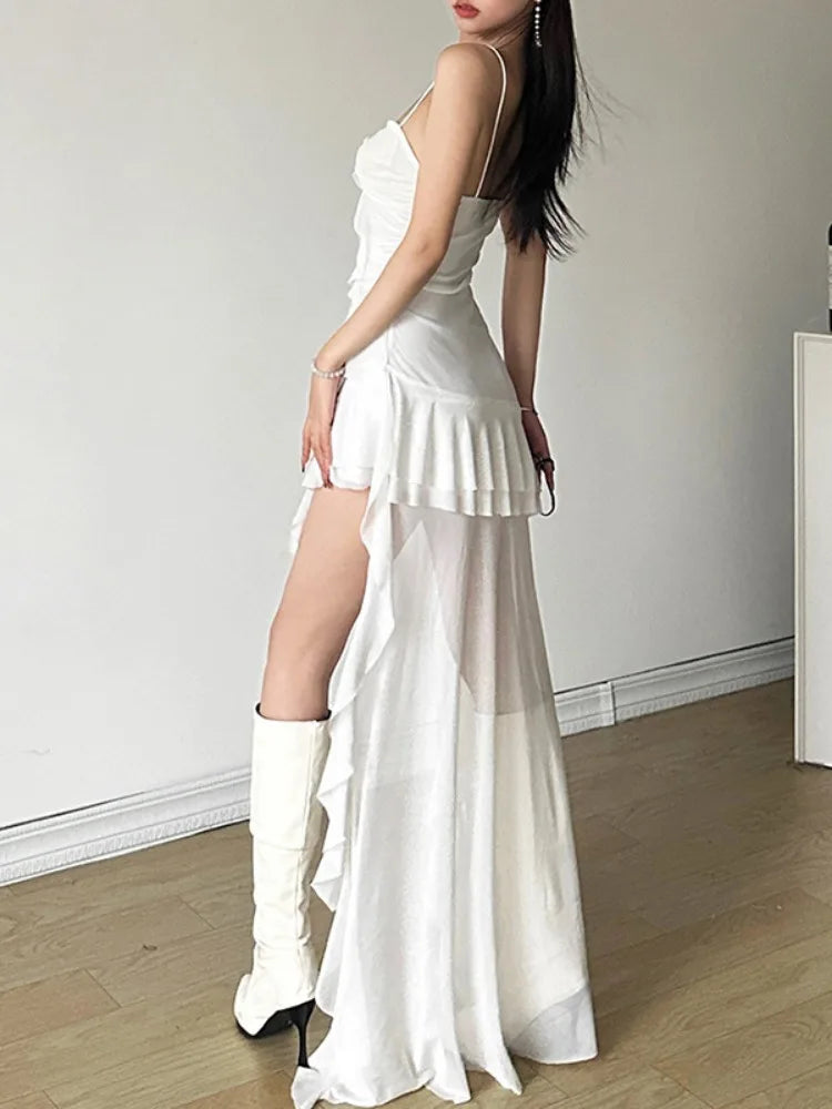 Y2k Aesthetic Irregular Ruffled Dress Sexy Backless Harajuku Pleated Dresses Streetwear Sleeveless Bodycon Vestido De Mujer Aiertu