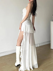 Y2k Aesthetic Irregular Ruffled Dress Sexy Backless Harajuku Pleated Dresses Streetwear Sleeveless Bodycon Vestido De Mujer Aiertu