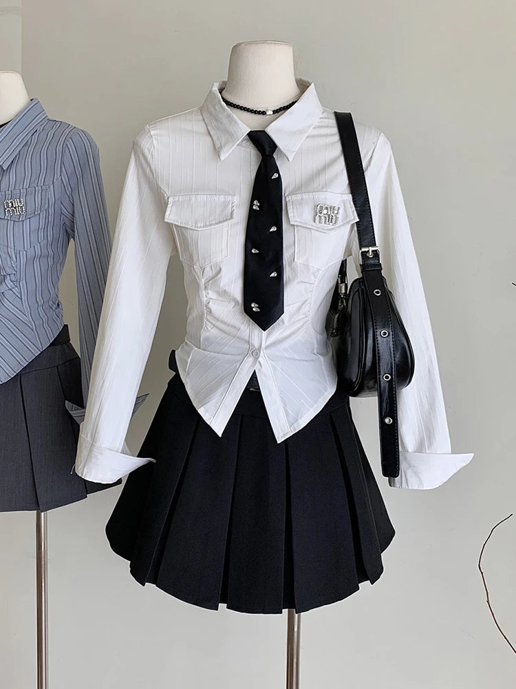 Aiertu Women JK Preppy Y2k Gyaru Kpop 2000s Outfits 2 Piece Set Long Sleeve Shirts With Tie Crop Tops + Mini Pleated Skirts With Belt Aiertu