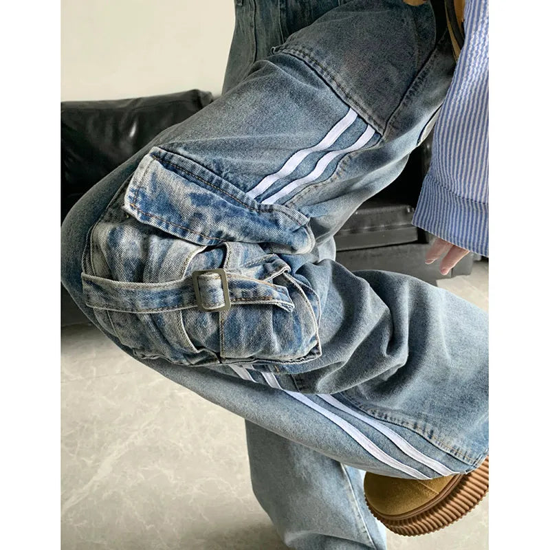 Aiertu Women's Blue Cargo Jeans Baggy Vintage High Waist Cowboy Pants Harajuku Denim Trousers 90s Y2k Japanese 2000s Style Clothes 2024 Aiertu