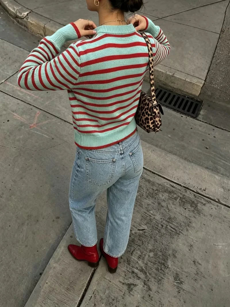 AIERTU  - Women Striped Knit Sweater Mint Green Red Crew Neck Long Sleeve Contrast Trim Casual Pullover Jumper Top Aiertu