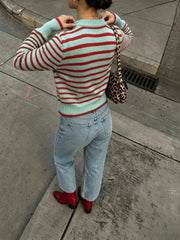 AIERTU  - Women Striped Knit Sweater Mint Green Red Crew Neck Long Sleeve Contrast Trim Casual Pullover Jumper Top Aiertu