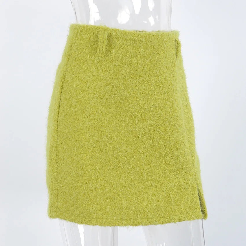 AIERTU  -  Women Knit Mini Skirt High Waist Front Split Bodycon Short Skirt Solid Green Slim Fit Pencil Skirt Fall Winter Bottoms Aiertu