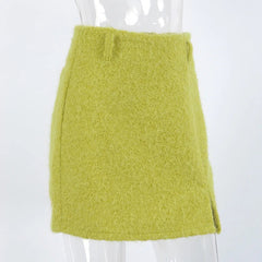 AIERTU  -  Women Knit Mini Skirt High Waist Front Split Bodycon Short Skirt Solid Green Slim Fit Pencil Skirt Fall Winter Bottoms Aiertu