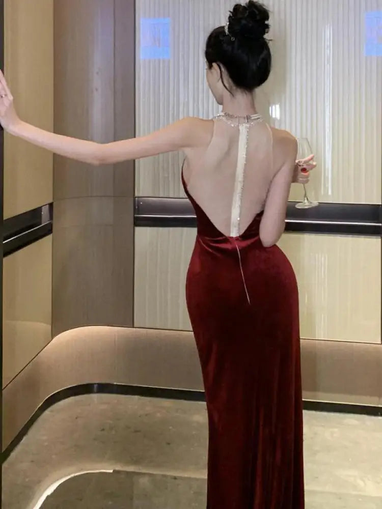 Women Vintage Red Halter Sleeveless Backless Bodycon Velvet Dress French Sexy Party Elegant Slim Fishtail Evening Dresses Summer Aiertu