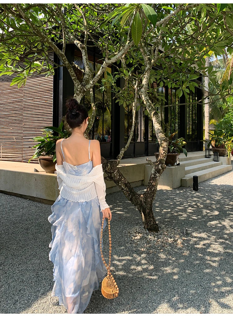 Aiertu Summer Elegant Sleeveless Backless A-line Slip Dress Retro Blue Tie Dye Slim Ruffles Irregular Party Long Dresses For Women Aiertu