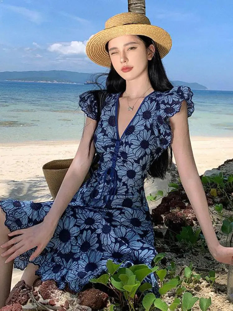 Aiertu Blue Daisy Flower Embroidery Hollow Out Dress Women Summer Flying Sleeve Lace Up Ladies Elegant Fashion Boho Holiday Mini Dress Aiertu