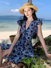 Aiertu Blue Daisy Flower Embroidery Hollow Out Dress Women Summer Flying Sleeve Lace Up Ladies Elegant Fashion Boho Holiday Mini Dress Aiertu