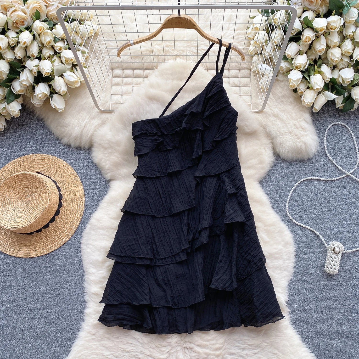 Aiertu Summer Dress Women Diagonal Collar Flounced Edge Tierred Vocation Vestidos Female Exposed Shoulders Dresses Summer Aiertu