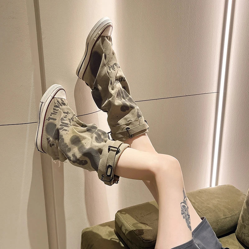 Aiertu Back  to school 2024 Graffiti High Top Canvas Shoes Women's Spring Boots Wide Barrel Mid Barrel Boots New Trouser Barrel Stacking Boots Aiertu