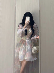 Aiertu Sweet Elegant Floral Midi Dress Women Casual Korean Puff Sleeve Fairy Dress Female Beach Vintage Party Dresses 2024 Summer Chic Aiertu
